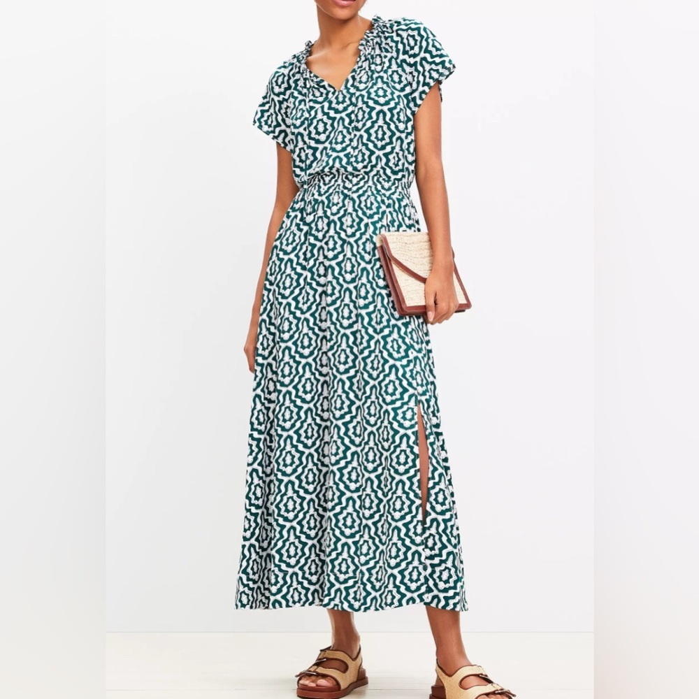 LOFT Green and White Geometric Maxi Skirt Set MED